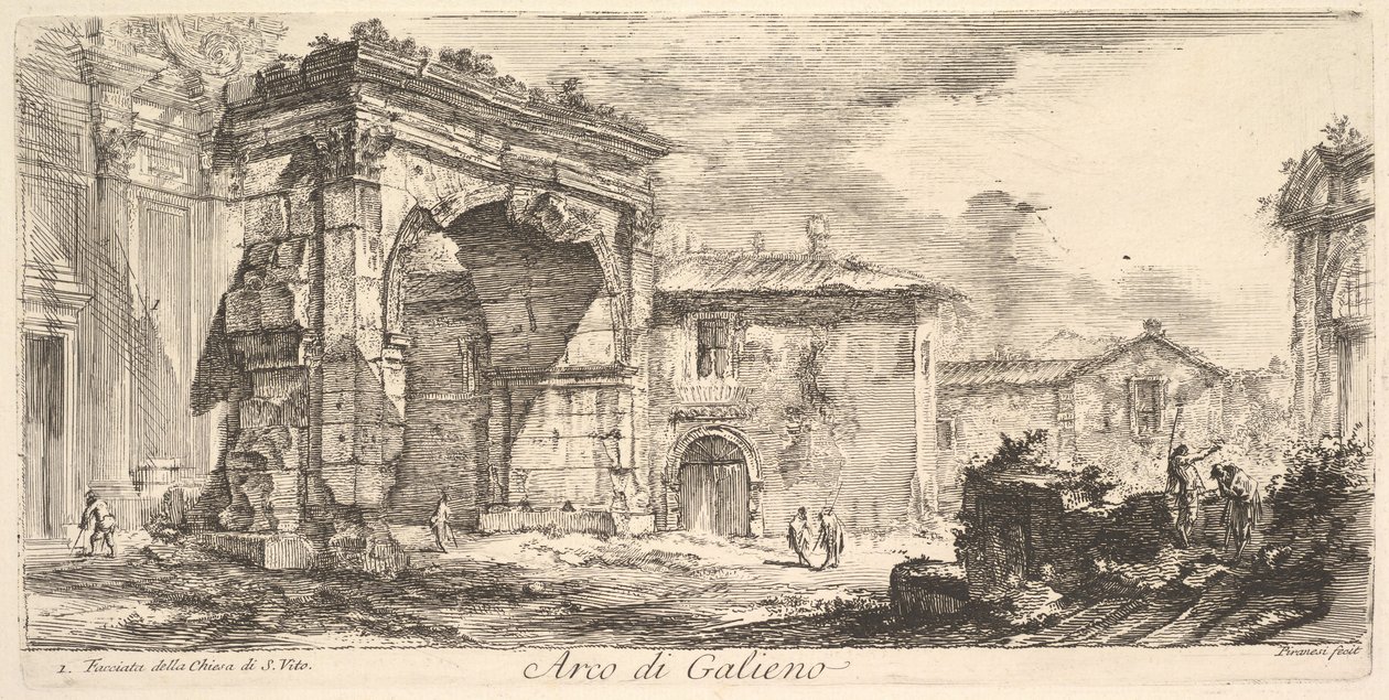Galienus bue. 1. Fasade av kirken S. Vito Arco di Gallieno. 1. Facciata av..., ca. 1748. av Giovanni Battista Piranesi