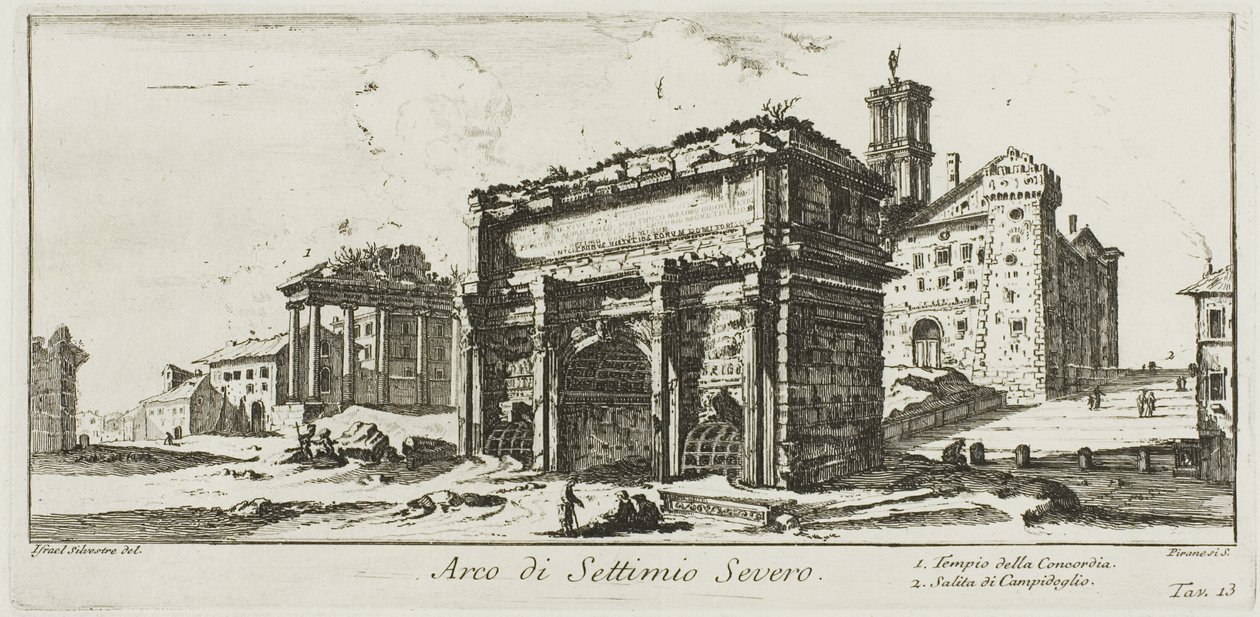 Buen til Septimius Severus. 1. Temple of Concord. 2. Oppstigning til Capitoline Hill, plate 13 fra noen utsikter over triumfbuer og andre monumenter av Giovanni Battista Piranesi