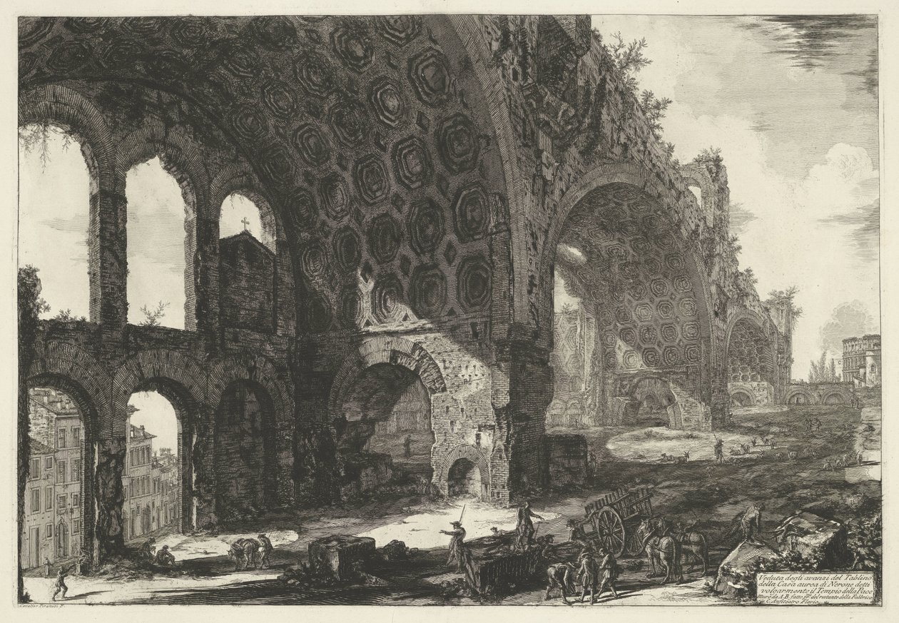 Basilica van Maxentius te Roma Utsikt over restene av Tablino av Neros gyldne hus, ofte kjent som Fredens tempel (tittel på objekt) Gezichten op Roma (serietittel) Utsikt over Roma designet og gravert av Giambattista Piranesi-arkitekten Ve av Giovanni Battista Piranesi