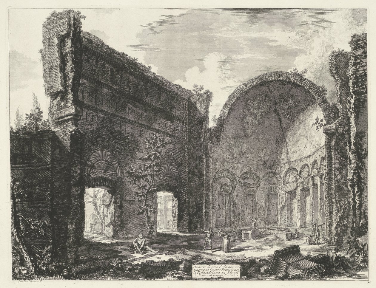 Bibliotheek i de Villa Adriana t og Tivoli Rester av et rom som tilhører Castro Pretorio i Villa Adriana i Tivoli (tittel på objekt) Gezichten op Roma (serietittel) Utsikt over Roma designet og gravert av Giambattista Piranesi-arkitekten Ve (nez) i av Giovanni Battista Piranesi