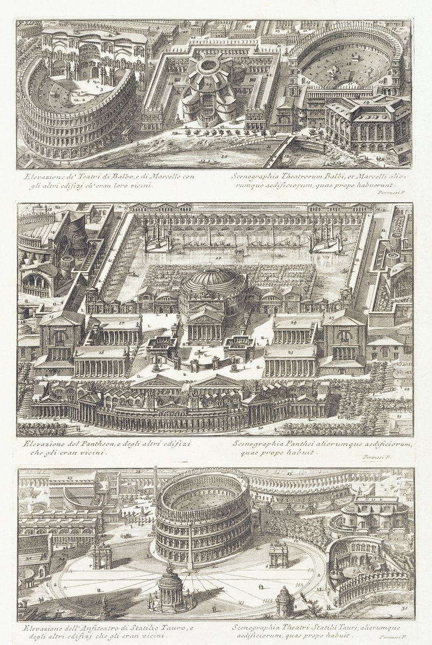 Fugleperspektiv av: teatrene Balbo og Marcello, Pantheon og området rundt og Statilio Tauro amfiteater av Giovanni Battista Piranesi