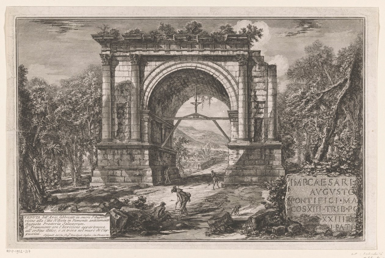 Boog van Augustus te Aosta Utsikt over buen bygget til ære for Augustus nær byen Aosta i Piemonte, tidligere Augusta Praetoria Salassorum (tittel på objekt) Enhver ansikt på døren Romeinen bygde triomfbogen og andre monumenter (serier av Giovanni Battista Piranesi