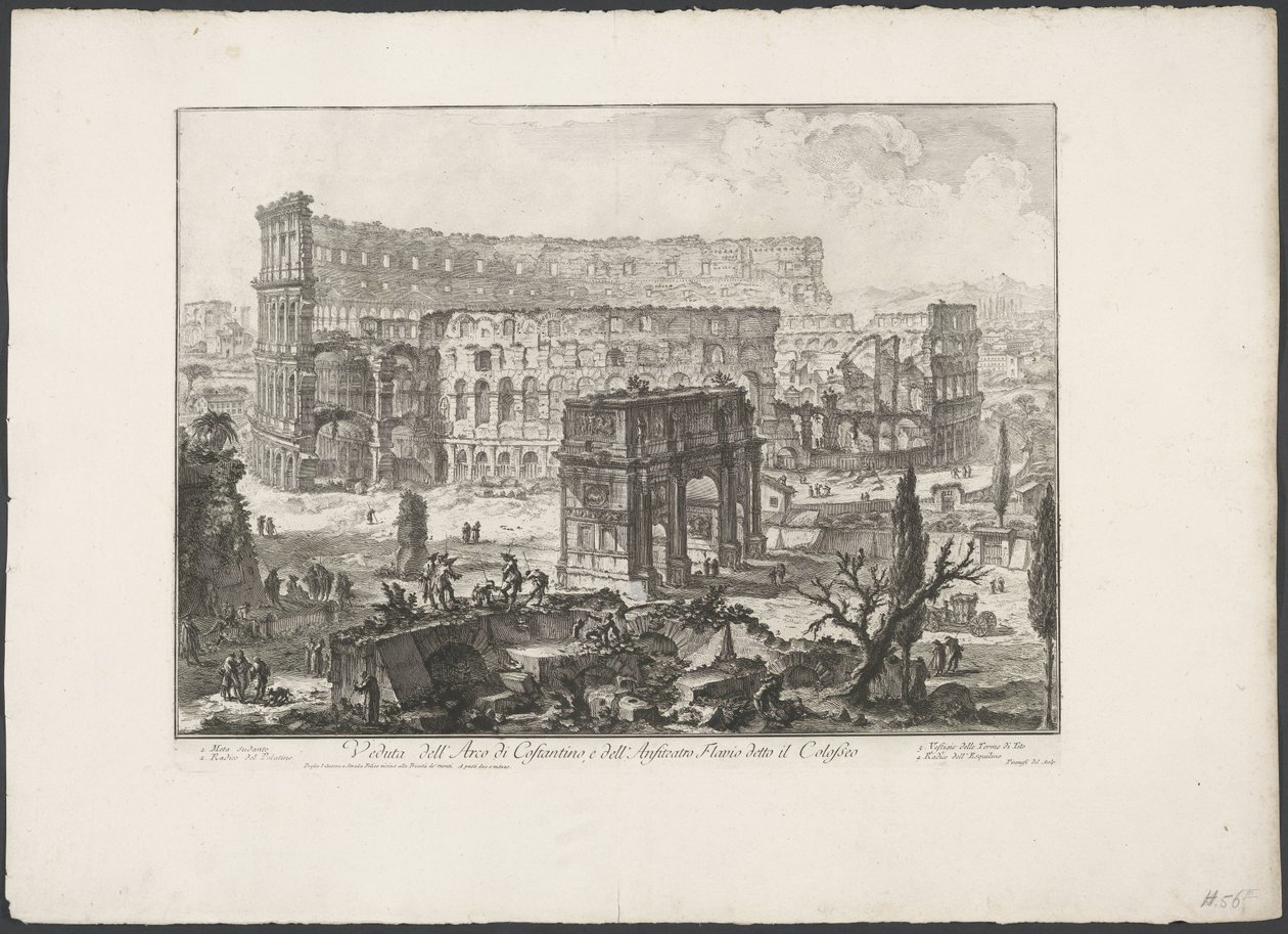 Boog van Constantijn på Colosseum i Roma Utsikt over Konstantinbuen og det flaviske amfiteateret kjent som Colosseum (tittel på objekt) Gezichten op Roma (serietittel) Utsikt over Roma designet og gravert av Giambattista Piranesi-arkitekten Ve (nez) ian av Giovanni Battista Piranesi