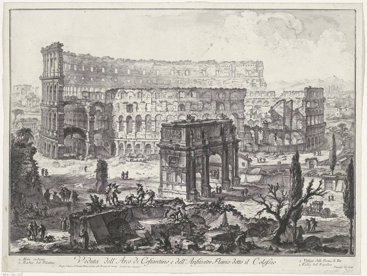 Boog van Constantijn på Colosseum i Roma Utsikt over Konstantinbuen og det flaviske amfiteateret kjent som Colosseum (tittel på objekt) Gezichten op Roma (serietittel) Utsikt over Roma designet og gravert av Giambattista Piranesi-arkitekten Ve (nez) ian av Giovanni Battista Piranesi