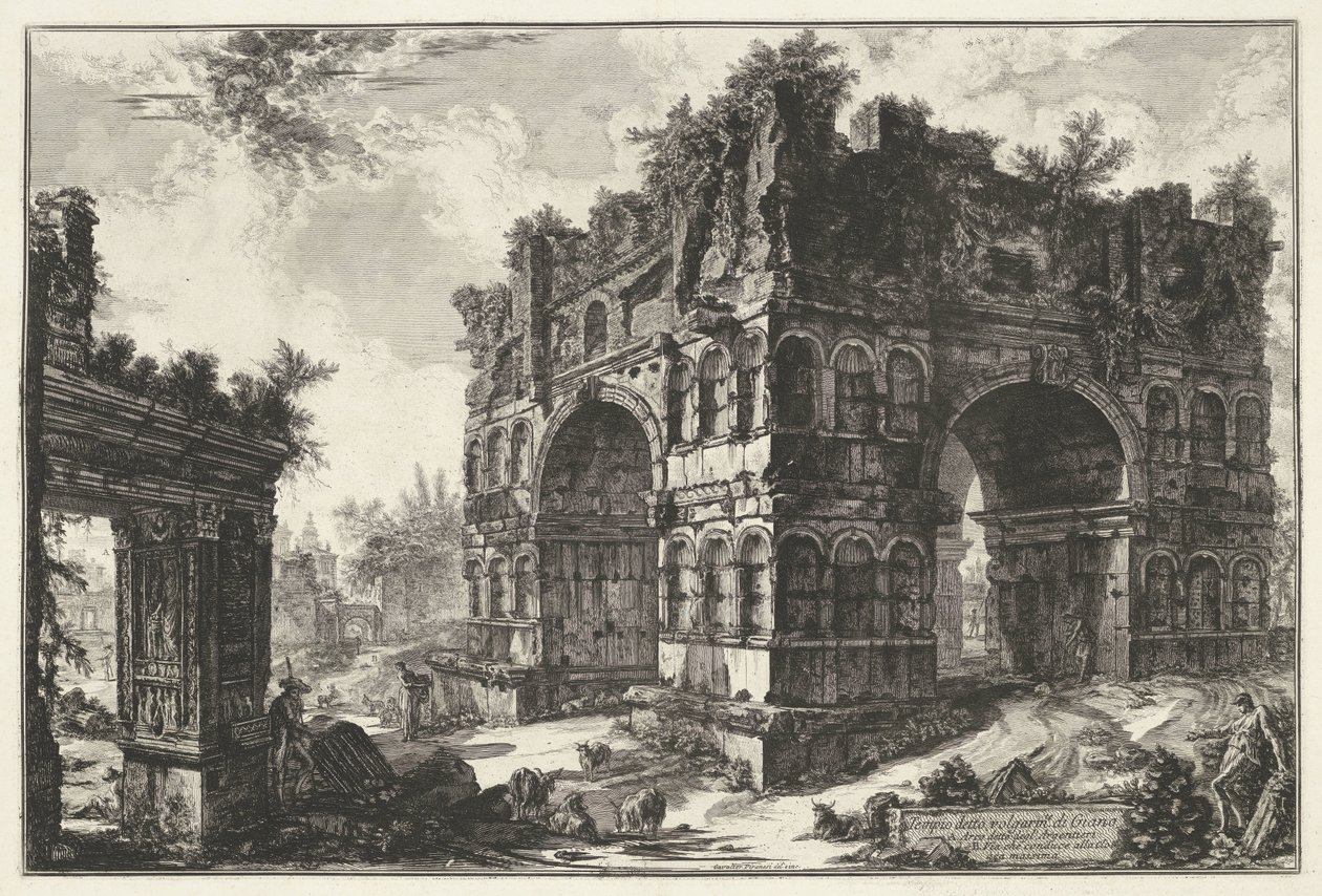 Boog van Janus en de Boog van de geldwisselaars i Roma Tempel kalt volgarm.te di Giano (tittel på objekt) Gezichten op Roma (serietittel) Utsikt over Roma designet og gravert av Giambattista Piranesi-arkitekten Ve (nez) iano (serietittel) av Giovanni Battista Piranesi