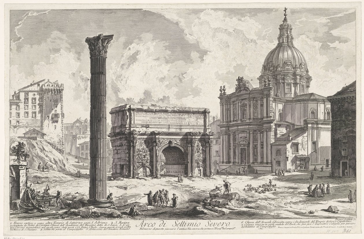 Boog van Septimius Severus på Forum Romanum Arch of Septimius Sever (...) (tittel på objekt) Gezichten op Roma (serietittel) Utsikt over Roma designet og gravert av Giambattista Piranesi-arkitekten Ve (nez) iano (serietittel) av Giovanni Battista Piranesi