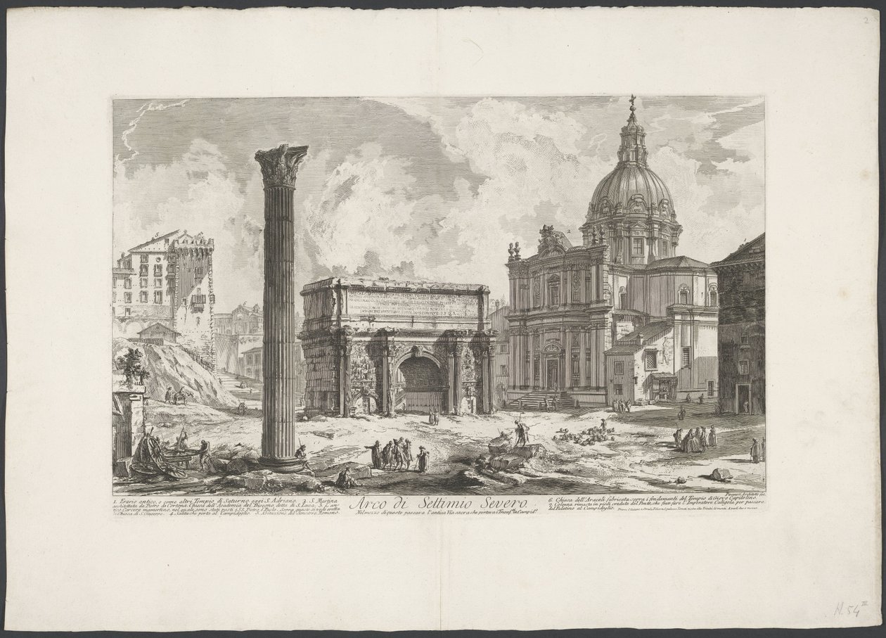 Boog van Septimius Severus på Forum Romanum Arch of Septimius Severus (...) (tittel på objekt) Gezichten op Roma (serietittel) Utsikt over Roma designet og gravert av Giambattista Piranesi-arkitekten Ve (nez) iano (serietittel) av Giovanni Battista Piranesi