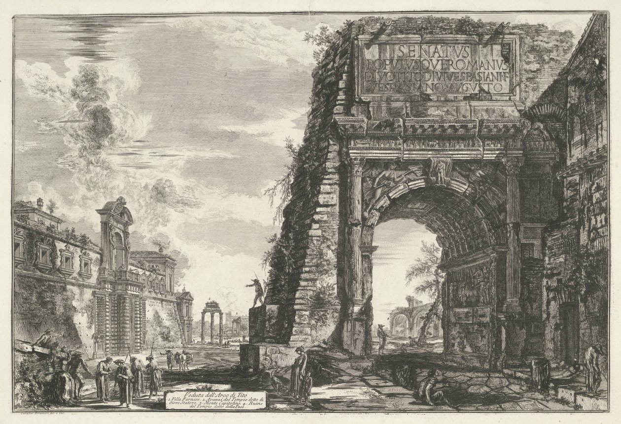 Boog van Titus i Roma Utsikt over Titusbuen (tittel på objekt) Gezichten op Roma (serietittel) Utsikt over Roma designet og gravert av Giambattista Piranesi-arkitekten Ve (nez) iano (serietittel) av Giovanni Battista Piranesi