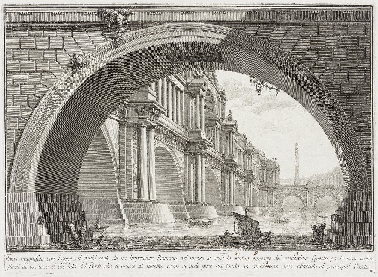 Bro dekket av loggiaer og buer av Giovanni Battista Piranesi