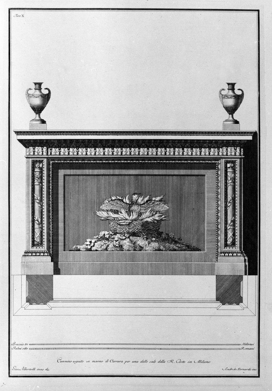 Carrara marmor peisprosjekt for en milanesisk stue. Tegning av Giovanni Piranesi (kjent som Piranese) (1720-1778). av Giovanni Battista Piranesi