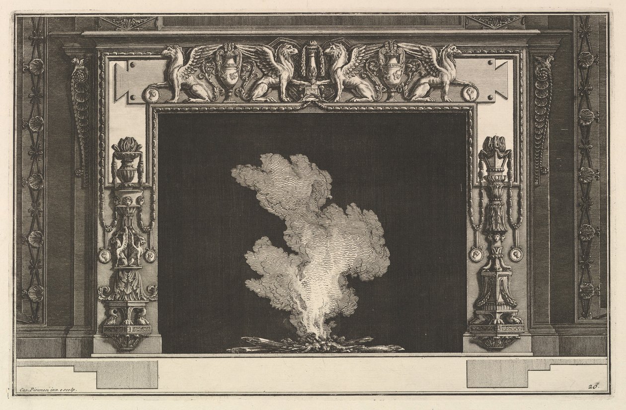 Skorsteinsstykke: Affronterte griffoner på overliggeren og kandelaber på karmene Ch. accomp..., ca. 1769. av Giovanni Battista Piranesi