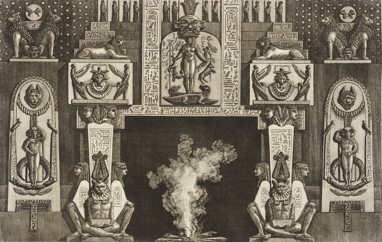 Ildsted i egyptisk stil: grupper på tre hukende figurer på hver karm av Giovanni Battista Piranesi