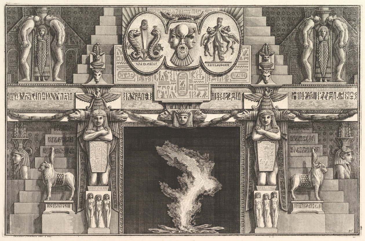 Skorsteinsstykke i egyptisk stil: Grupper på tre kvinnelige nakenbilder ved bunnen av hver j..., ca. 1769. av Giovanni Battista Piranesi
