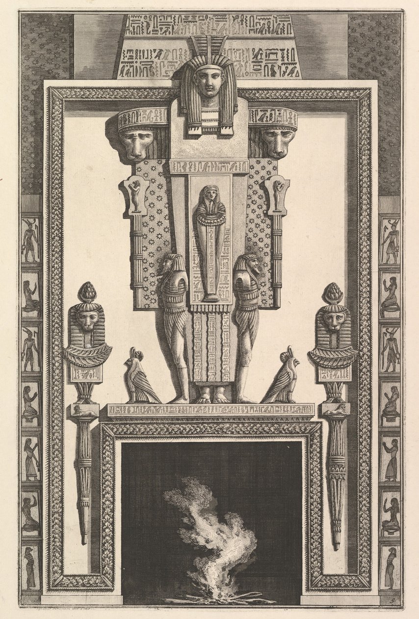 Skorsteinsstykke i egyptisk stil: Mumie lagt på en stor karyatid over linte..., 1769. av Giovanni Battista Piranesi