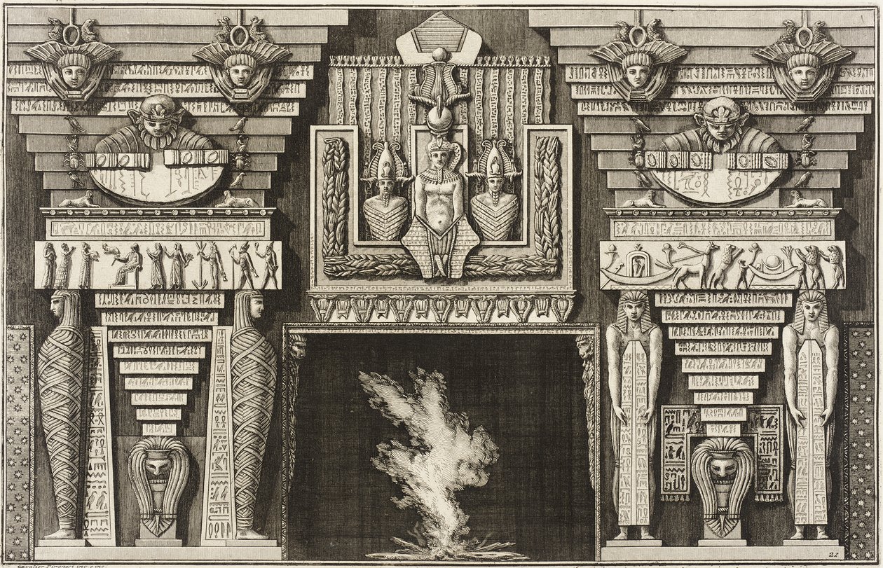 Peis i egyptisk stil: To mumier i profil til venstre og to figurer som bærer obelisker til høyre. av Giovanni Battista Piranesi