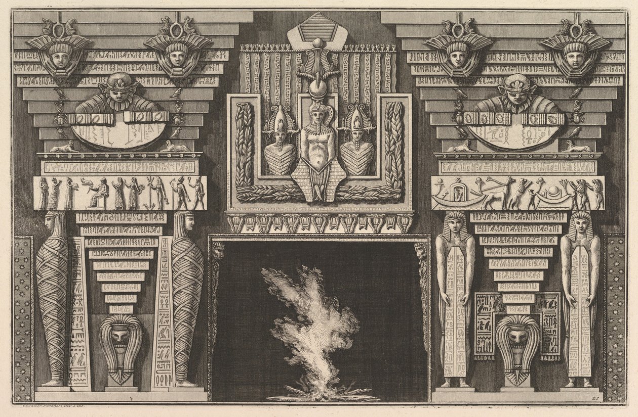 Skorsteinsstykke i egyptisk stil: To mumier i profil til venstre og to figurer..., ca. 1769. av Giovanni Battista Piranesi