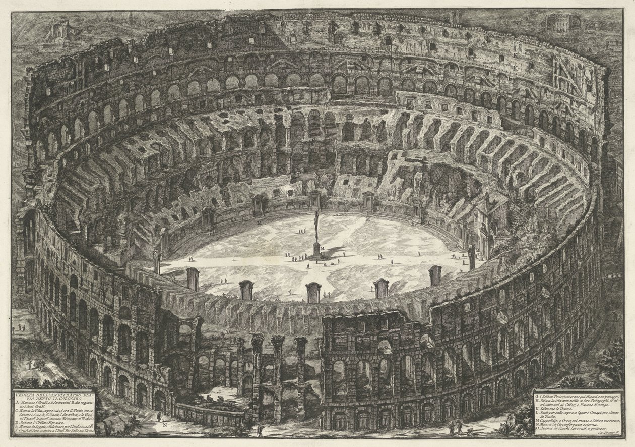 Colosseum te Roma Utsikt over det flaviske amfiteateret kjent som Colosseum (tittel på objekt) Gezichten op Roma (serietittel) Utsikt over Roma designet og gravert av Giambattista Piranesi-arkitekten Ve (nez) iano (serietittel) av Giovanni Battista Piranesi