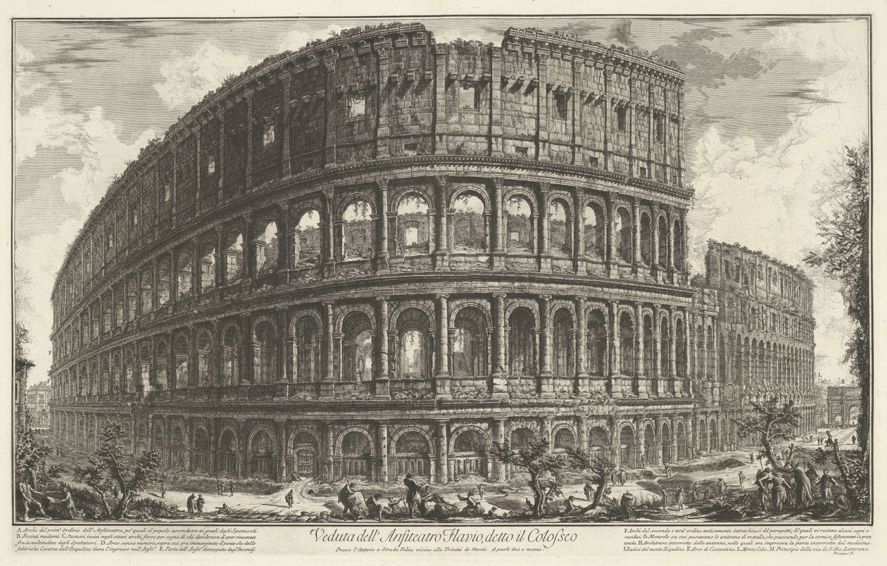 Colosseum te Roma Utsikt over det flaviske amfiteateret, kjent som Colosseum (tittel på objekt) Gezichten op Roma (serietittel) Utsikt over Roma tegnet og gravert av Giambattista Piranesi Ve(nez)iano arkitekt (serietittel) av Giovanni Battista Piranesi