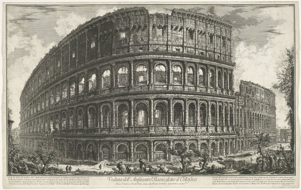 Colosseum te Roma Utsikt over det flaviske amfiteateret, kjent som Colosseum (tittel på objekt) Gezichten op Roma (serietittel) Utsikt over Roma designet og gravert av Giambattista Piranesi-arkitekten Ve (nez) iano (serietittel) av Giovanni Battista Piranesi