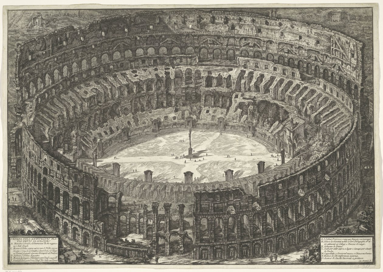 Colosseum te Roma Utsikt over det flaviske amfiteateret kjent som Colosseum (tittel på objekt) Gezichten op Roma (serietittel) Utsikt over Roma designet og gravert av Giambattista Piranesi-arkitekten Ve (nez) iano (serietittel) av Giovanni Battista Piranesi