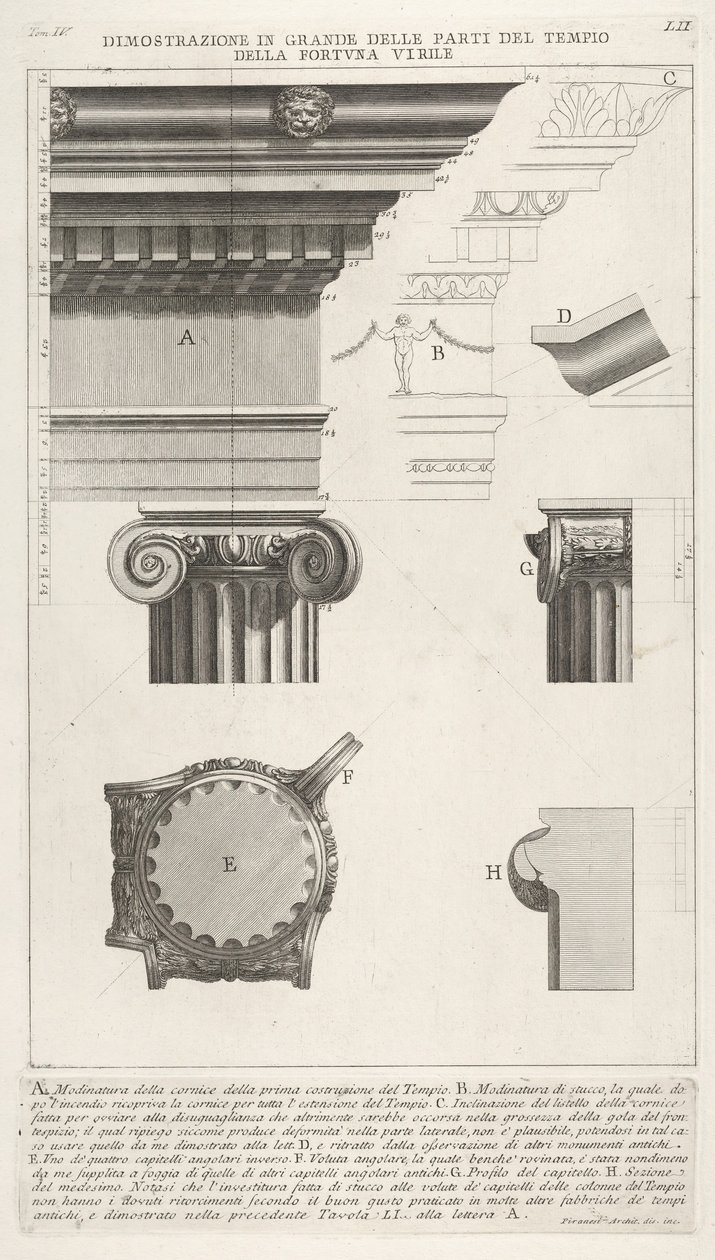 Gesims og søyle fra Temple of Fortuna Virilis Tempio della Fortuna Virile, fra ..., 1756. av Giovanni Battista Piranesi