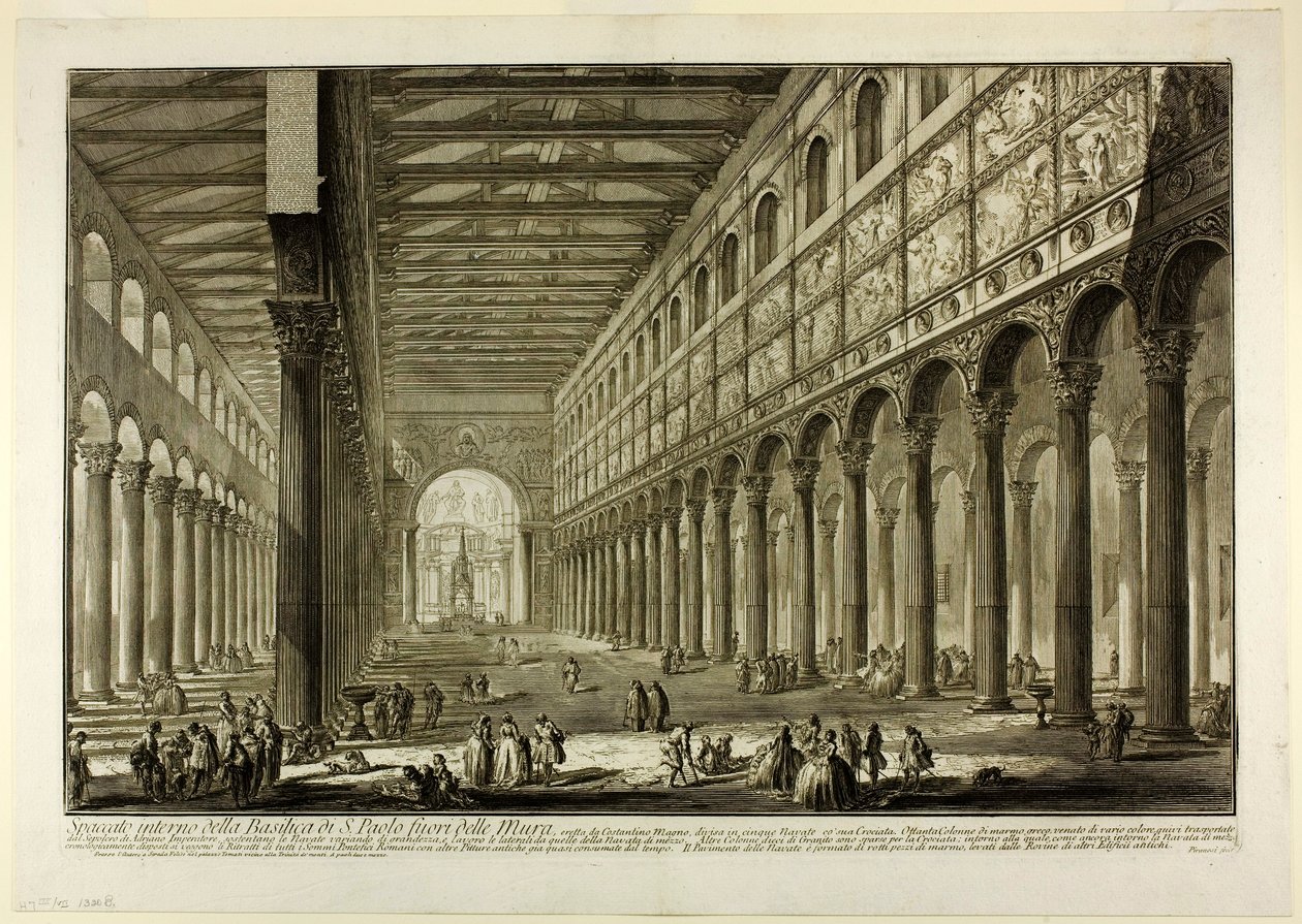 Utskåret utsikt over det indre av basilikaen S. Paolo fuori delle Mura [St. Paul utenfor murene], fra Views of Rome av Giovanni Battista Piranesi