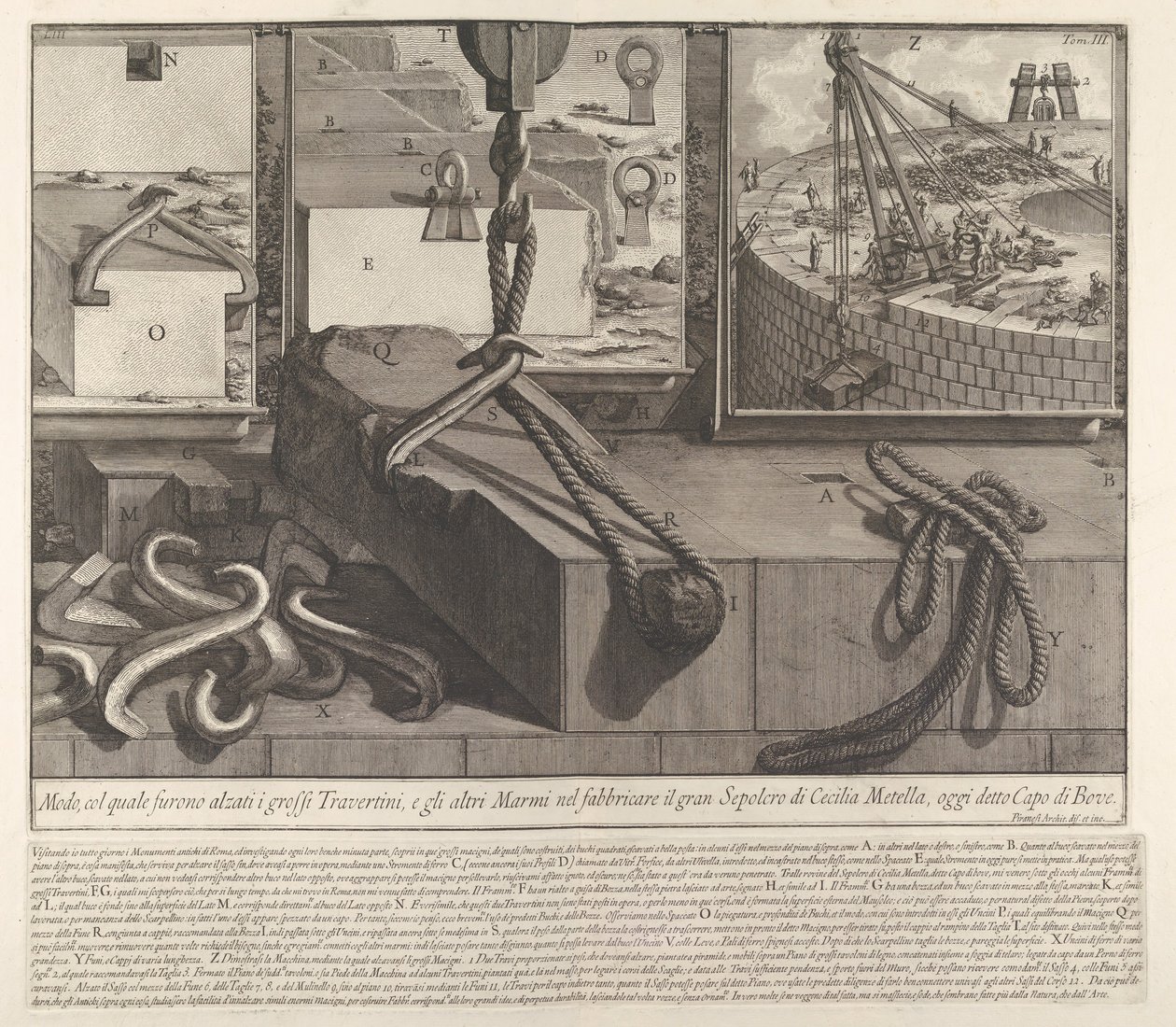 Demonstrasjonspanel som viser teknikk for å heve travertin og marmorblokker for kon..., 1756. av Giovanni Battista Piranesi
