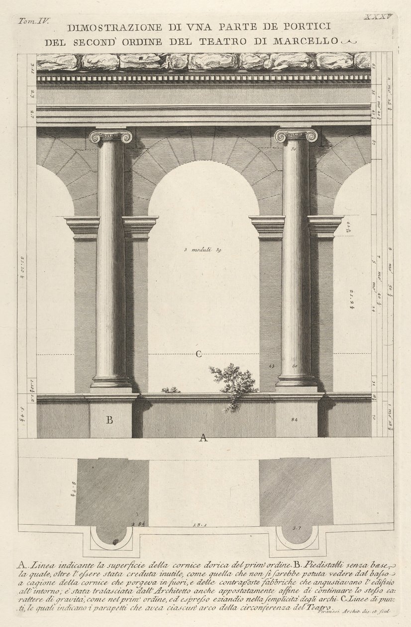 Forhøyning og plan av andreordens portiko ved Theatre of Marcellus Teatro di Marc..., 1756. av Giovanni Battista Piranesi
