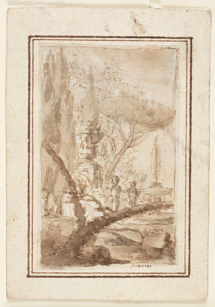 Fantasy om en hage med en monumental urne, skulpturer og en fontene av Giovanni Battista Piranesi