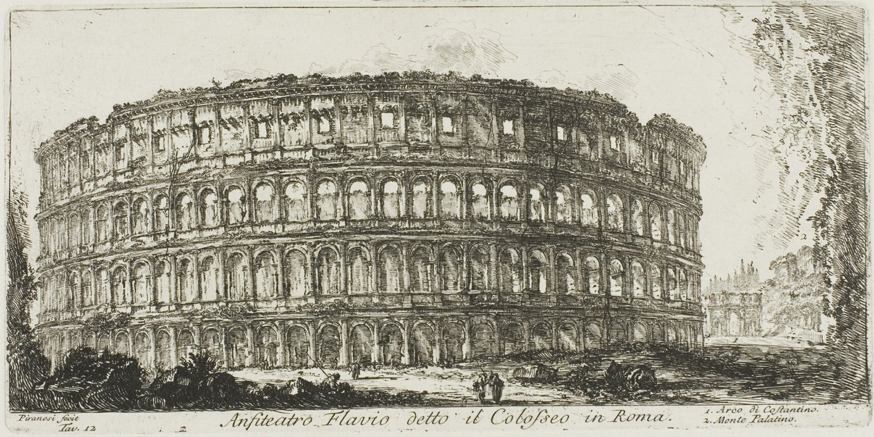 Flavisk amfiteater, kalt Colosseum. 1. Konstantinbuen. 2. Palatinerhøyden, plate 12 fra noen utsikter over triumfbuer og andre monumenter av Giovanni Battista Piranesi