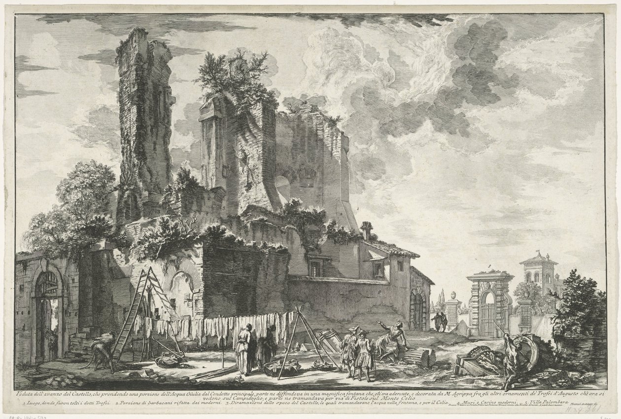 Fontana dell'Acqua Giulia te Rome Utsikt over restene av slottet, som tar en del av Acqua Giuli (...) (tittel på objekt) Gezichten op Roma (serietittel) Utsikt over Roma tegnet og gravert av Giambattista Piranesi-arkitekten Ve (nez)ian (s av Giovanni Battista Piranesi