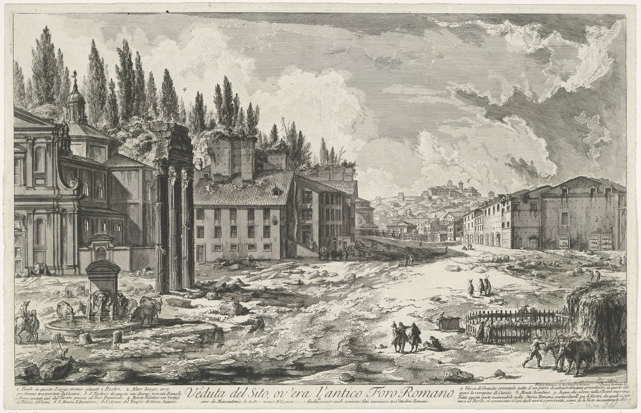 Forum Romanum med de Tempel van Jupiter Stator te Roma Utsikt over stedet, der det gamle Forum Romanum var (tittel på objekt) Gezichten op Roma (serietittel) Utsikt over Roma designet og gravert av Giambattista Piranesi-arkitekten Ve (nez) iano (serietitte av Giovanni Battista Piranesi