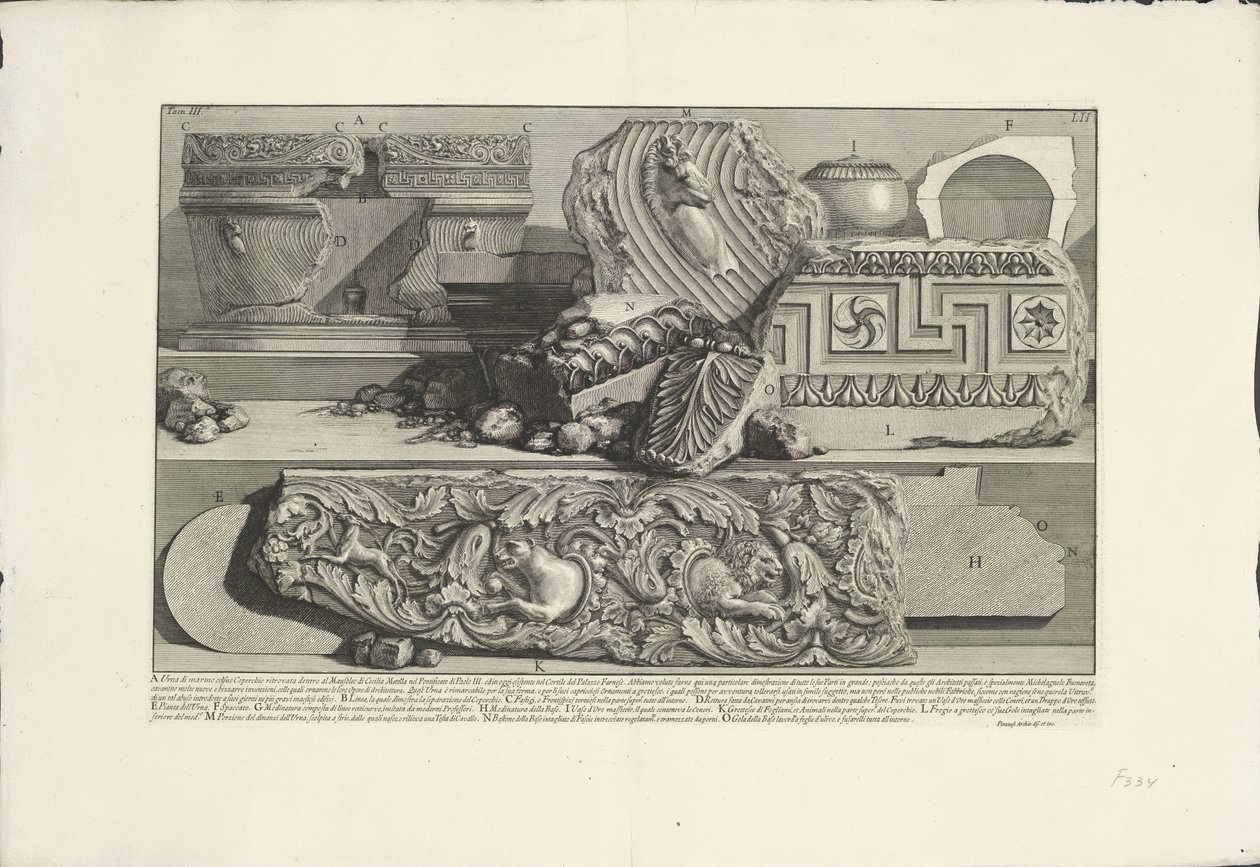 Fragmenter fra graven til Caecilia Metella i Roma Arkeologiske funn i og rundt Roma (serietittel) Le Antichita Romane (serietittel) av Giovanni Battista Piranesi
