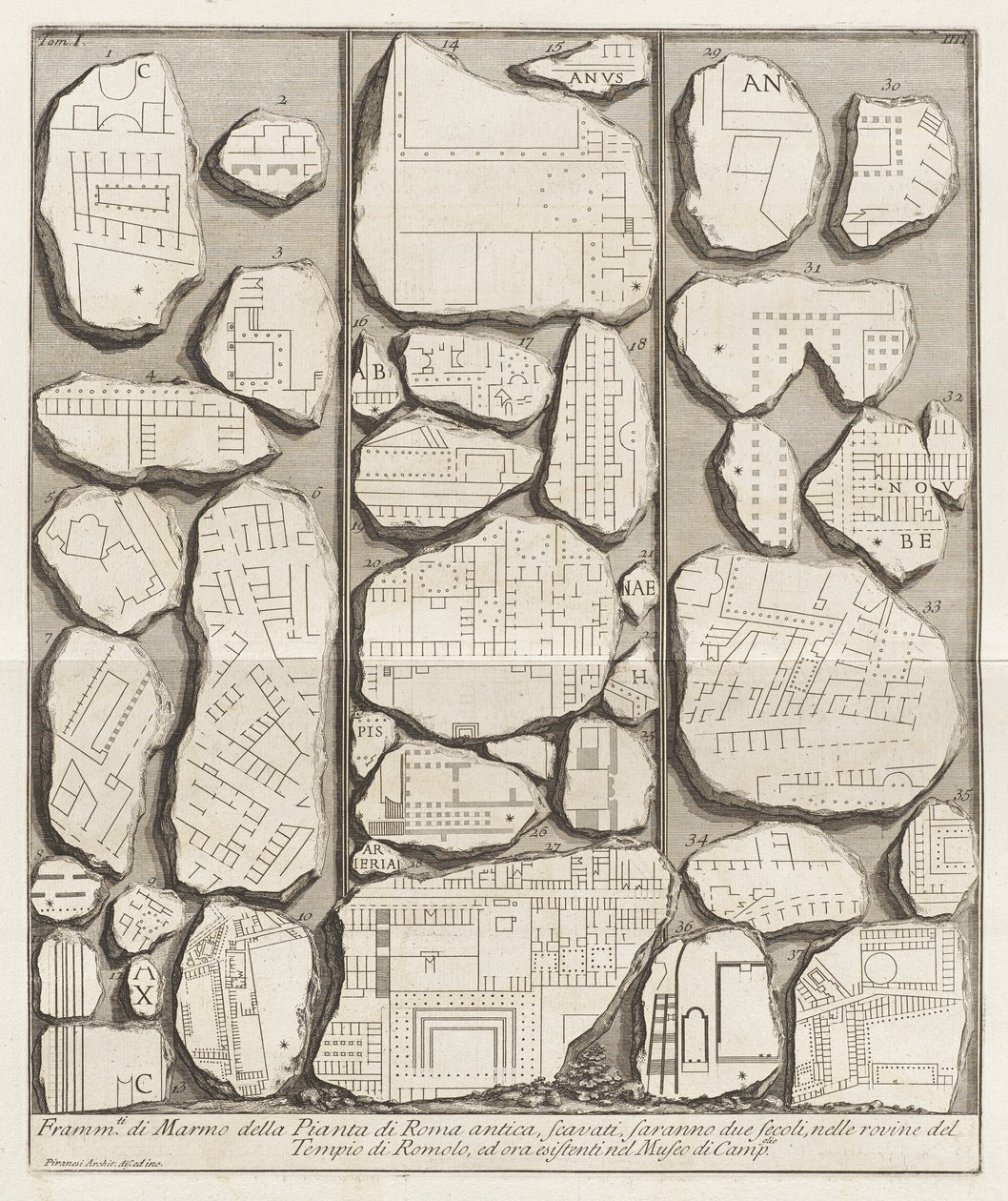 Fragmenter av marmor fra planen til det gamle Roma av Giovanni Battista Piranesi
