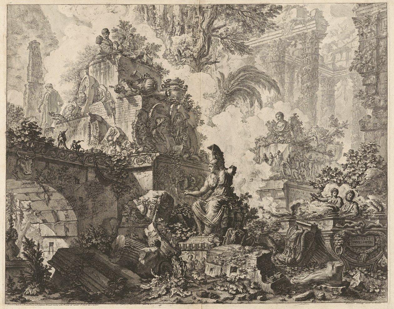 Frontispice, Fantasy of Ruins med en statue av Minerva i midten av forgrunnen, fra Vedute di Roma (Utsikt over Roma) av Giovanni Battista Piranesi