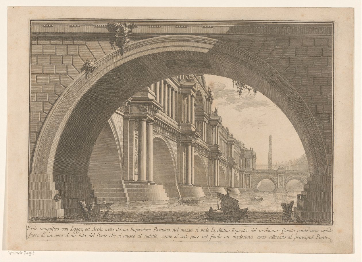 Utsikt over en bro med buer og loggiaer Første del av Architecture and Perspectives (serietittel) Prima parte di architetture e prospettive (serietittel) av Giovanni Battista Piranesi