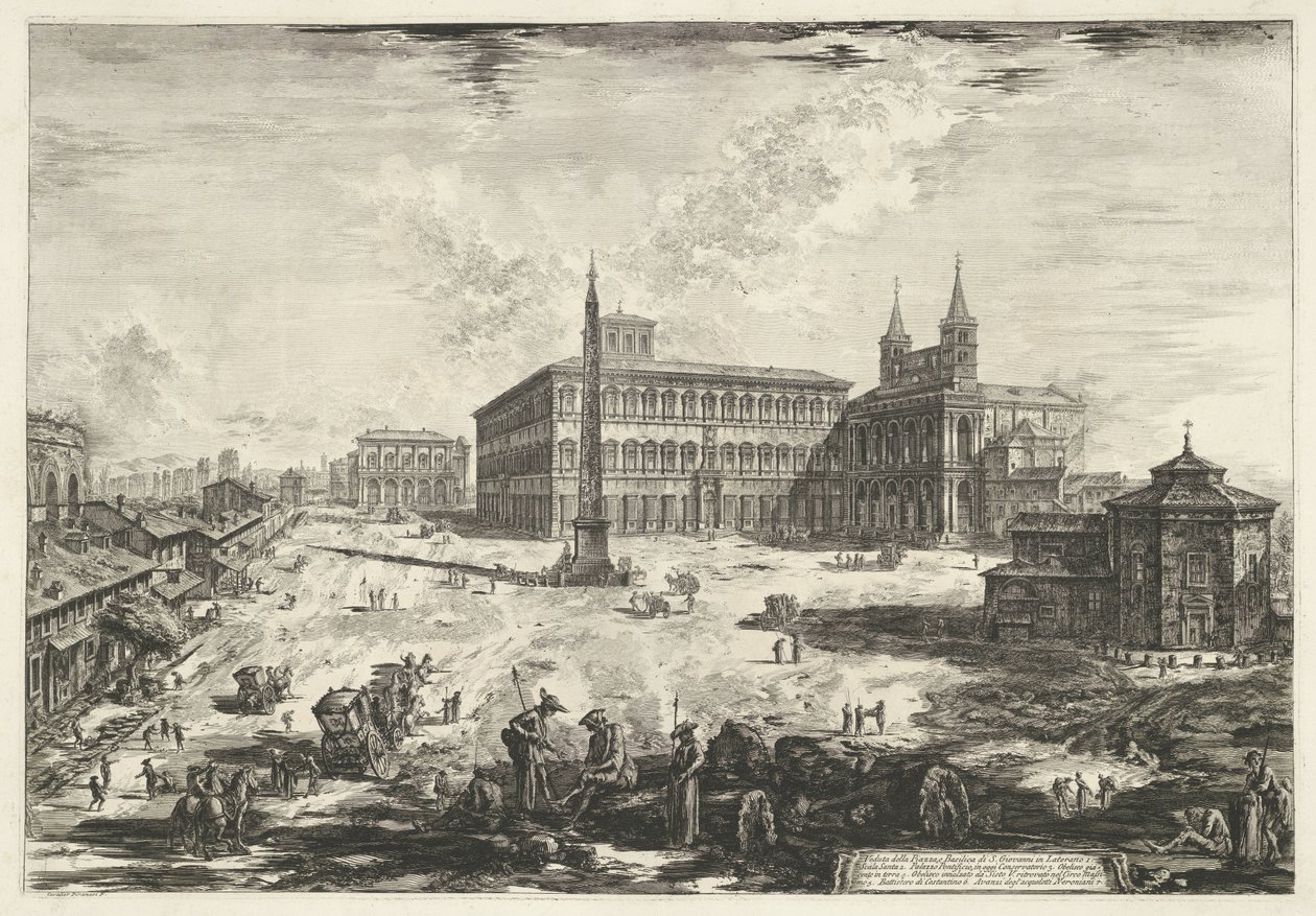 Se på Lateraan te Roma med de Sint-Jan van Lateranen Utsikt over Piazza og Basilica of S. Giovanni in Laterano (tittel på objekt) Gezichten op Roma (serietittel) Utsikt over Roma designet og gravert av Giambattista Piranesi-arkitekten Ve (nez) ian av Giovanni Battista Piranesi