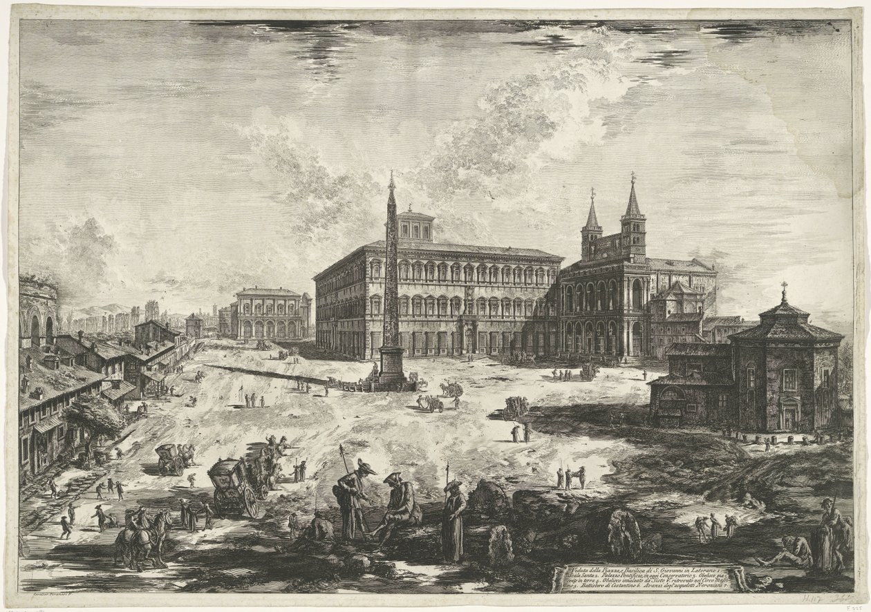 Se på Lateraan te Roma med de Sint-Jan van Lateranen Utsikt over Piazza og Basilica of S. Giovanni in Laterano (tittel på objekt) Gezichten op Roma (serietittel) Utsikt over Roma designet og gravert av Giambattista Piranesi-arkitekten Ve (nez) ian av Giovanni Battista Piranesi