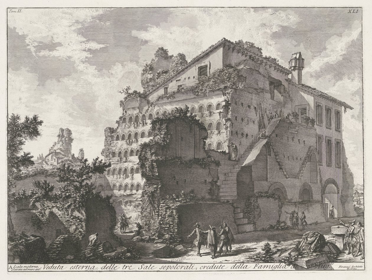 Graftombe van familie van keizer Augustus Utvendig utsikt over de tre gravrommene, antatt å tilhøre Aug.to-familien (tittel på objekt) Archeologische vondsten in en rond Roma (serietittel) Romerske antikviteter (serietittel) av Giovanni Battista Piranesi