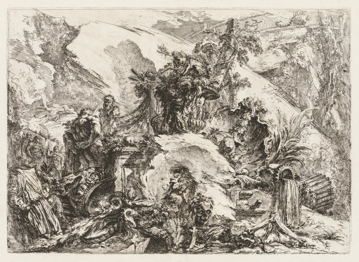 Groteschi: Ruins with Deaths Head and Skeleton. av Giovanni-Battista Piranesi