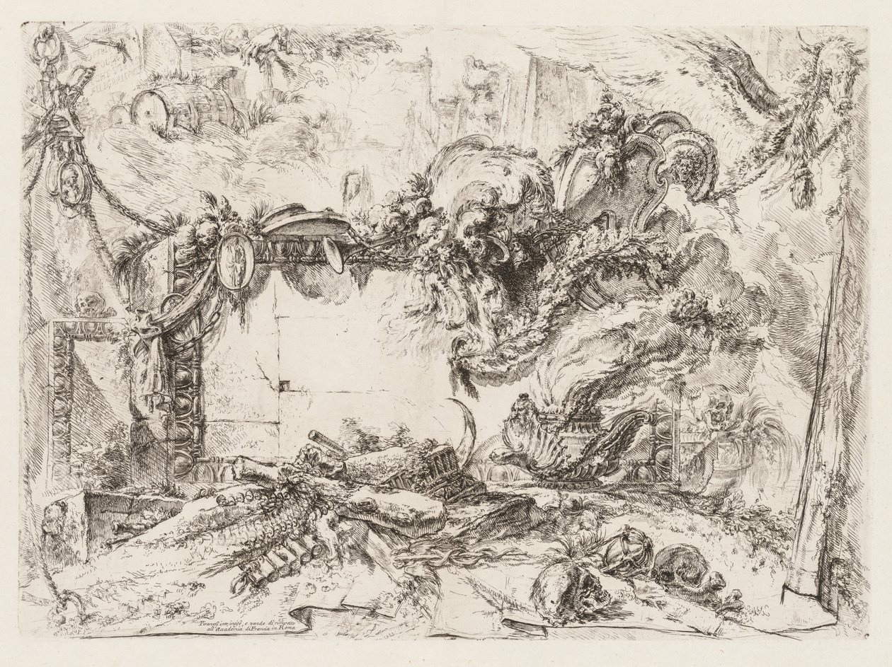 Groteschi: Ruiner med hodeskaller og en røykevase, ca. 1745-50. av Giovanni Battista Piranesi