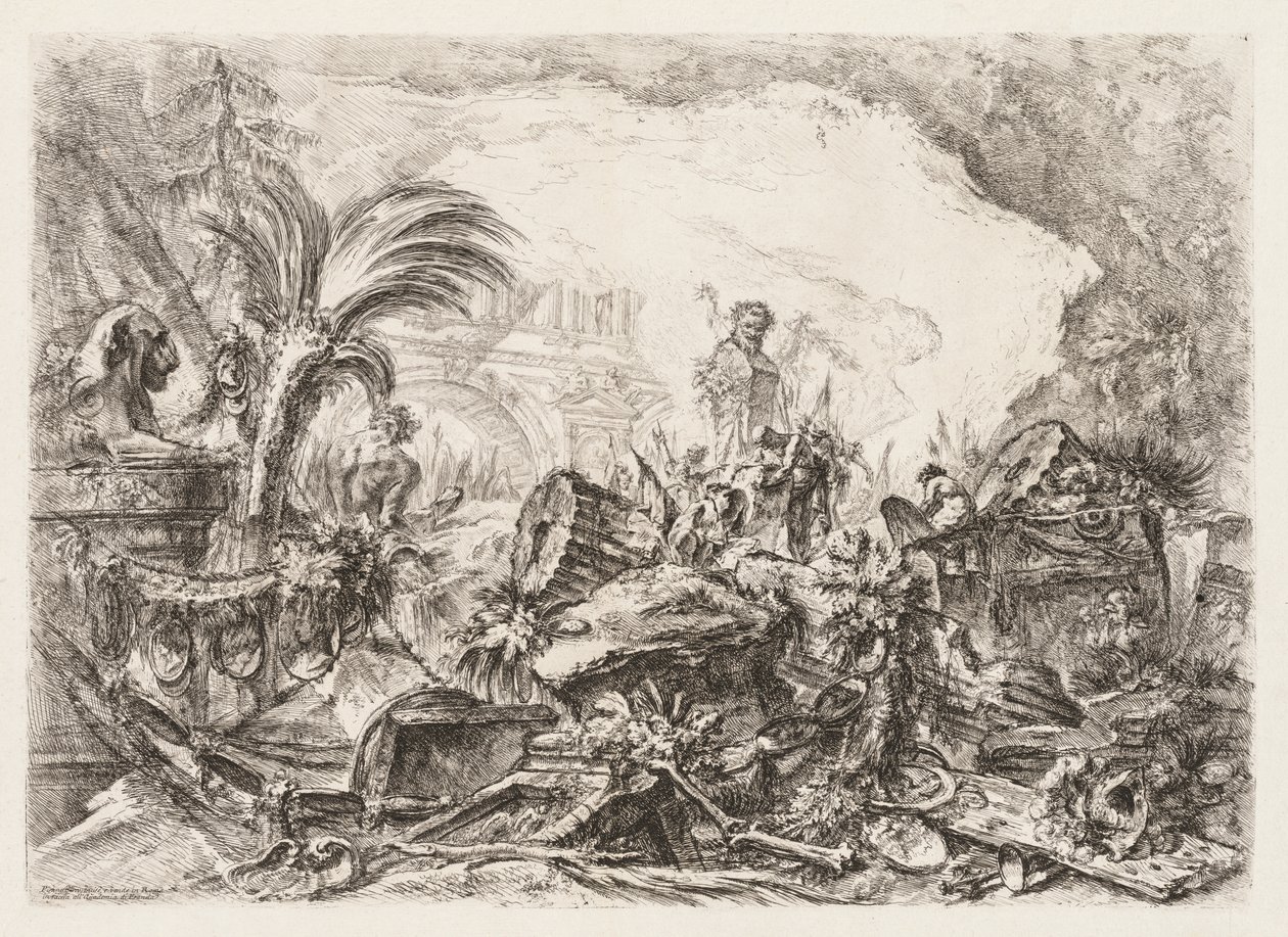 Groteschi: Ruiner med en statue av en faun og en falt søyle av Giovanni Battista Piranesi