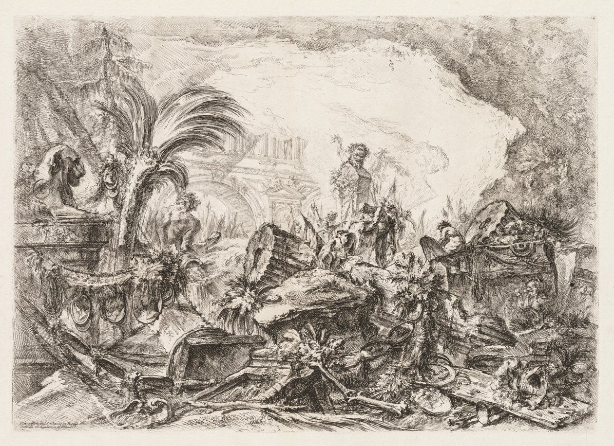 Groteschi: Ruiner med en statue av en faun og en falt søyle, ca. 1745-50. av Giovanni Battista Piranesi