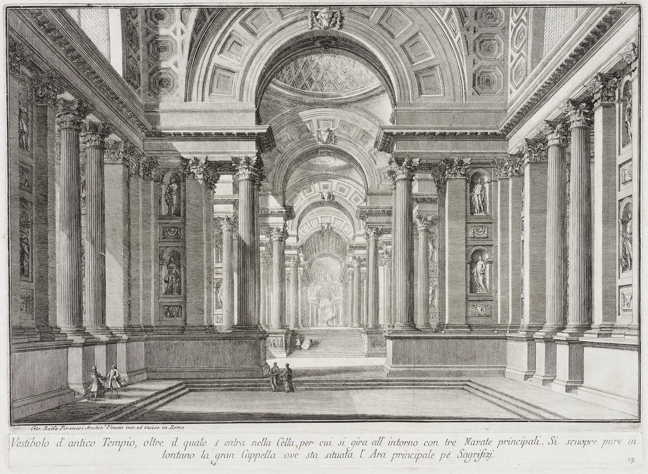 Fantastisk antikt tempel utformet i stil med dem som ble bygget til ære for gudinnen Vesta: i sentrum står det store alteret der vestalinnene bevarte den uutslokkelige hellige ilden... av Giovanni Battista Piranesi