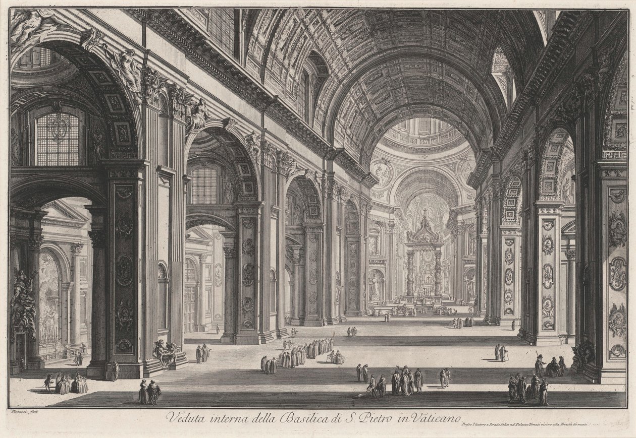 Interiørutsikt over Peterskirken i Vatikanet (fra: Vedute di Roma) av Giovanni Battista Piranesi