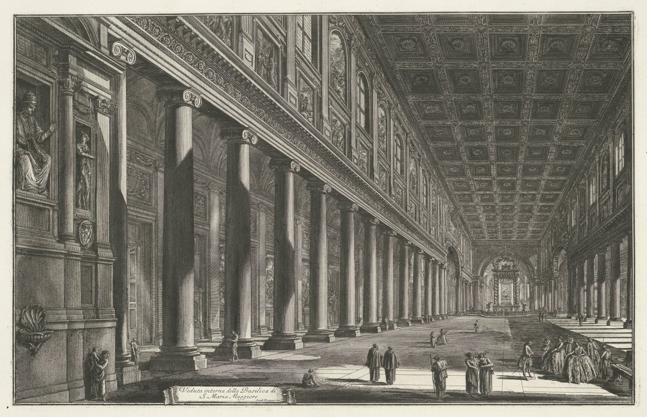 Interieur van de Santa Maria Maggiore te Rome Veduta interna della Basilica di S. Maria Maggiore (title on object) Gezichten op Rome (series title) Vedute di Roma disegnate ed incise da Giambattista Piranesi architetto Ve(nez)iano (series title)   1364862  av Giovanni Battista Piranesi