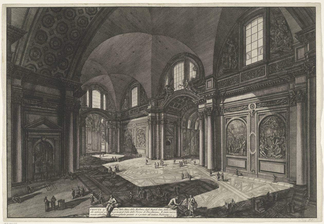 Interieur van de Santa Maria degli Angeli e dei Martiri te Roma Innvendig utsikt over kirken Madonna degli Anioli i Certosa som tidligere var hovedhallen til Diokletians bad (tittel på objekt) Gezichten op Roma (serietittel) av Giovanni Battista Piranesi