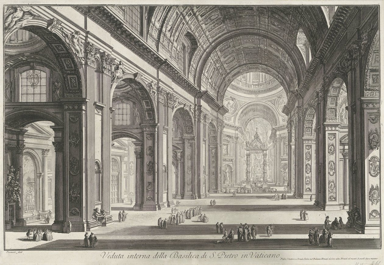 Interieur van de Sint-Pietersbasiliek te Vaticaanstad Innvendig utsikt over Peterskirken i Vatikanet (tittel på objekt) Gezichten op Roma (serietittel) Utsikt over Roma designet og gravert av Giambattista Piranesi-arkitekten Ve (nez) iano (serie ti av Giovanni Battista Piranesi