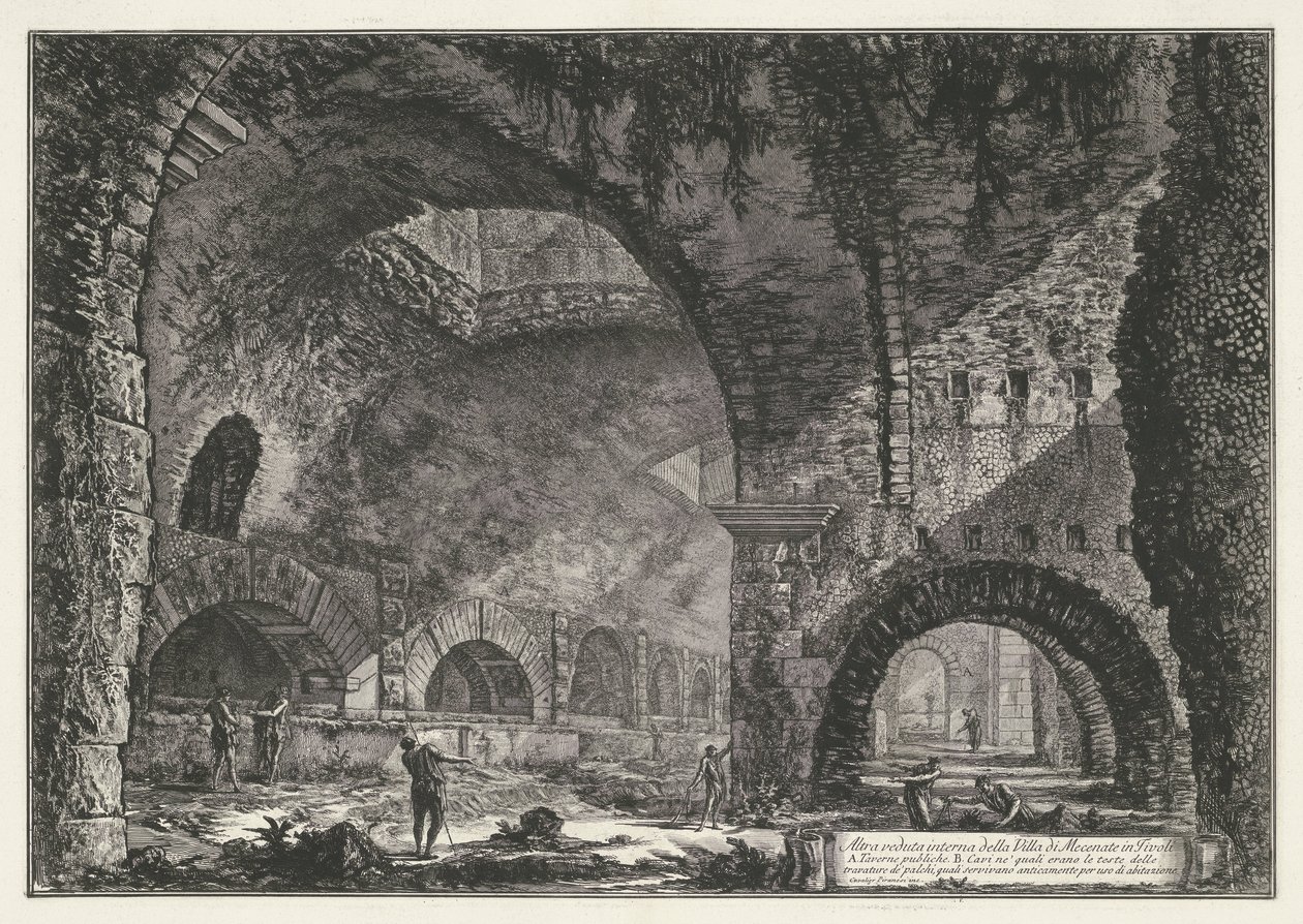 Interieur van de Tempel van Hercules Victor t og Tivoli En annen intern utsikt over Villa di Mecenate i Tivoli (tittel på objekt) Gezichten op Roma (serietittel) Utsikt over Roma designet og gravert av Giambattista Piranesi-arkitekten Ve (nez) iano (serie  av Giovanni Battista Piranesi