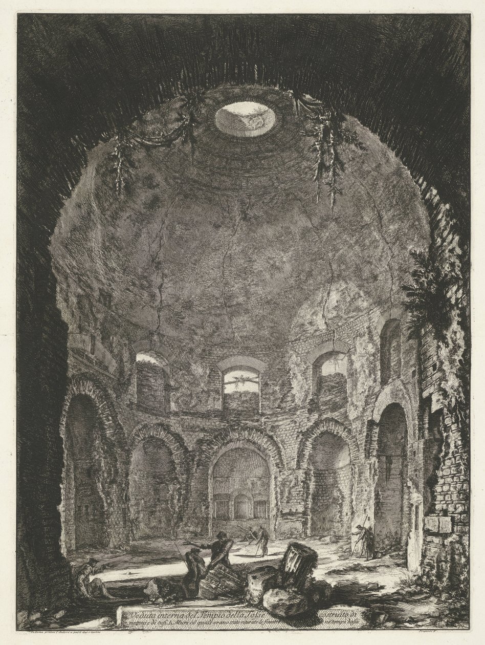Interieur van de Tempio della Tosse bij Tivoli Innvendig visning av Tempio della Coosse (...) (tittel på objekt) Gezichten op Roma (serietittel) Utsikt over Roma designet og gravert av Giambattista Piranesi-arkitekten Ve (nez) iano (serietittel) av Giovanni Battista Piranesi